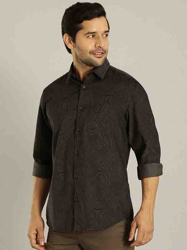 Indian Terrain Men's Slim Fit Full Sleeve All Over Print Grey Shirt